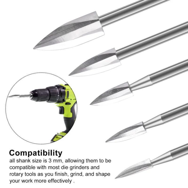 

5PCS/Set Wood Carving Drill Bit HSS Engraving Drill Bit Set Solid Carbide Steel Root Milling Grinder Burr Precise Carve Woodwork