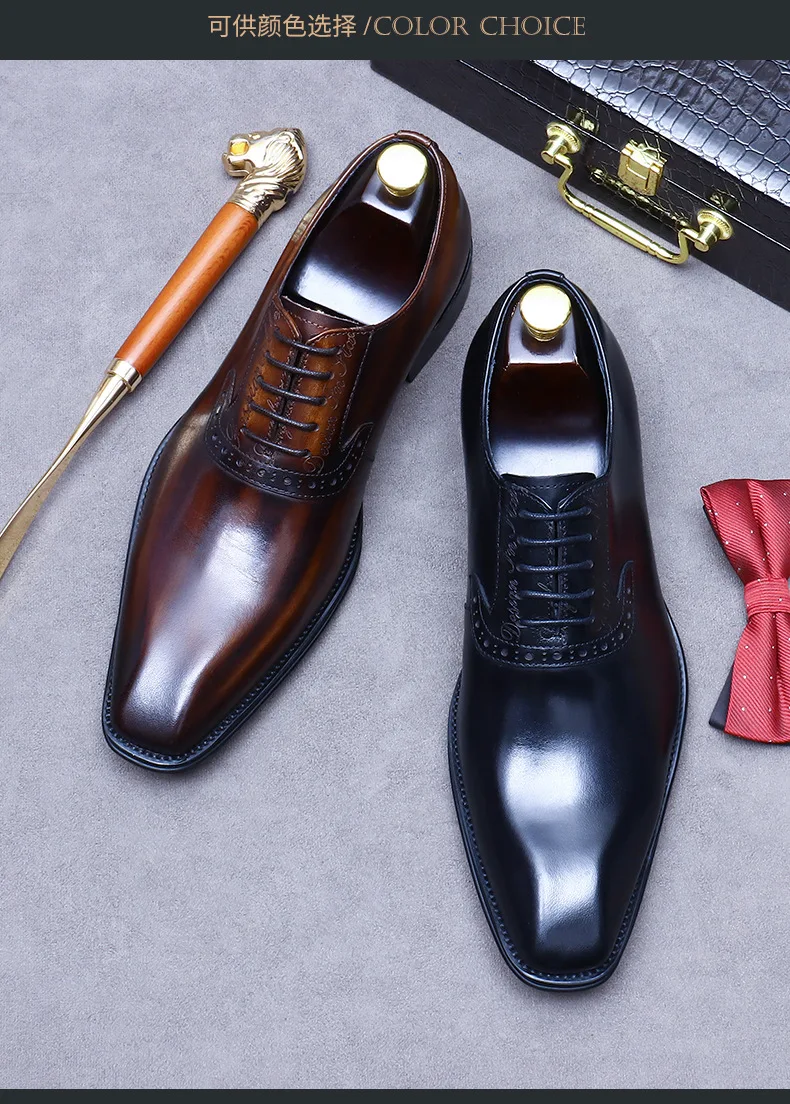 Men's pointy leather shoes, wedding groom, Bullock carved men's shoes, business suit, style Oxford, size 46