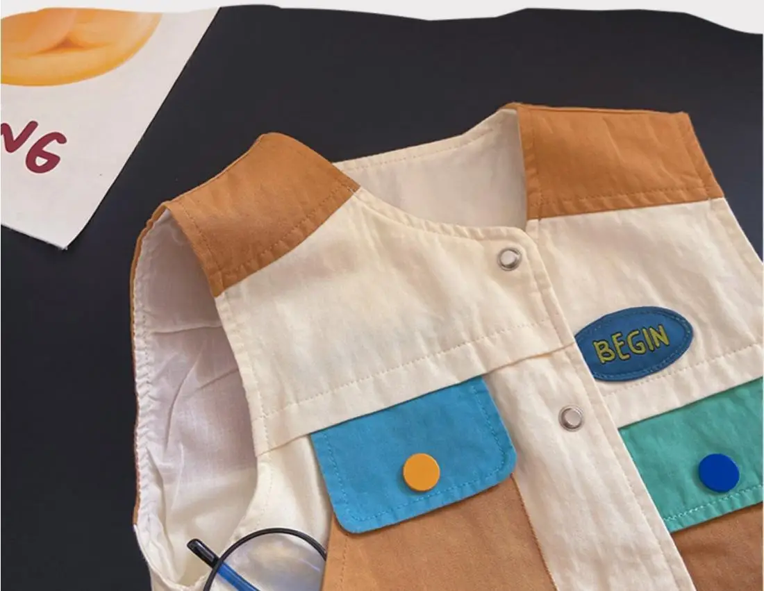Spring Autumn Children Patchwork Vest 1-8Y Boys Cotton Pockets Casual Waistcoats Kids Girls Tank Tops Korean Toddler Outerwear