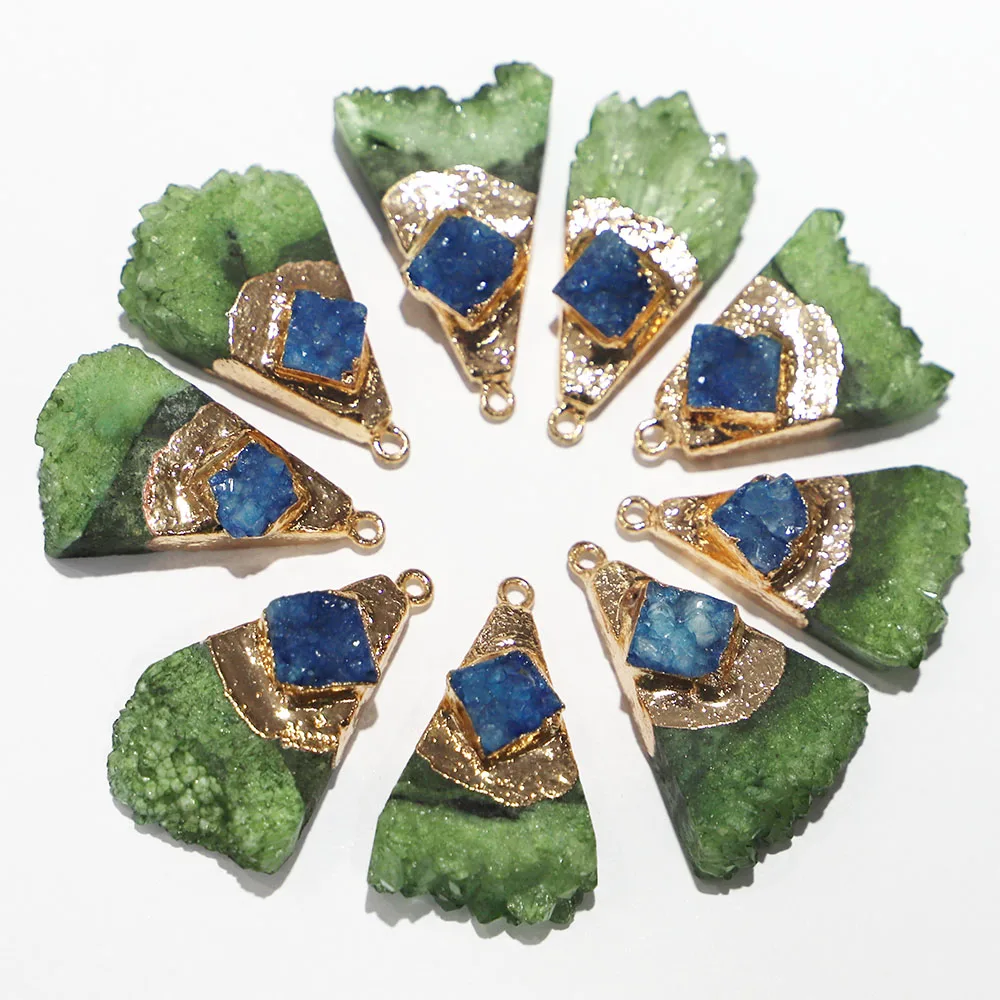 Natural Stone Green Agate Bruzy Gold Plated Scalloped Necklace Pendant Metal Mineral Specimen Slice Charm Rough For Jewelry 6Pcs