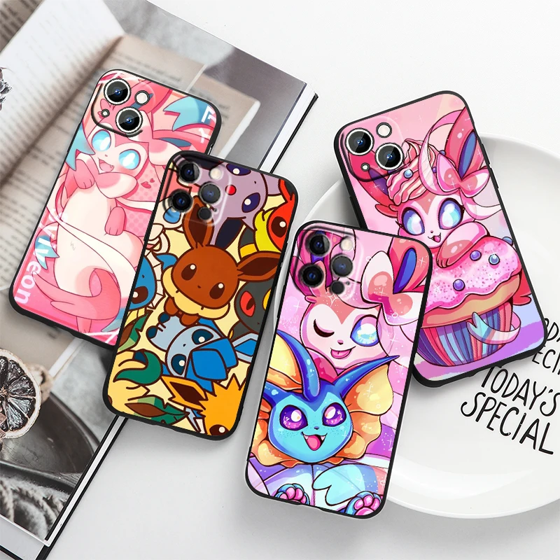 Pokemon Eevee Carino Per Apple Iphone 14 13 12 11 Pro Max Mini Xs Max X Xr 7 8 Plus 5S Custodia In Silicone Nero Coque Capa Fundas