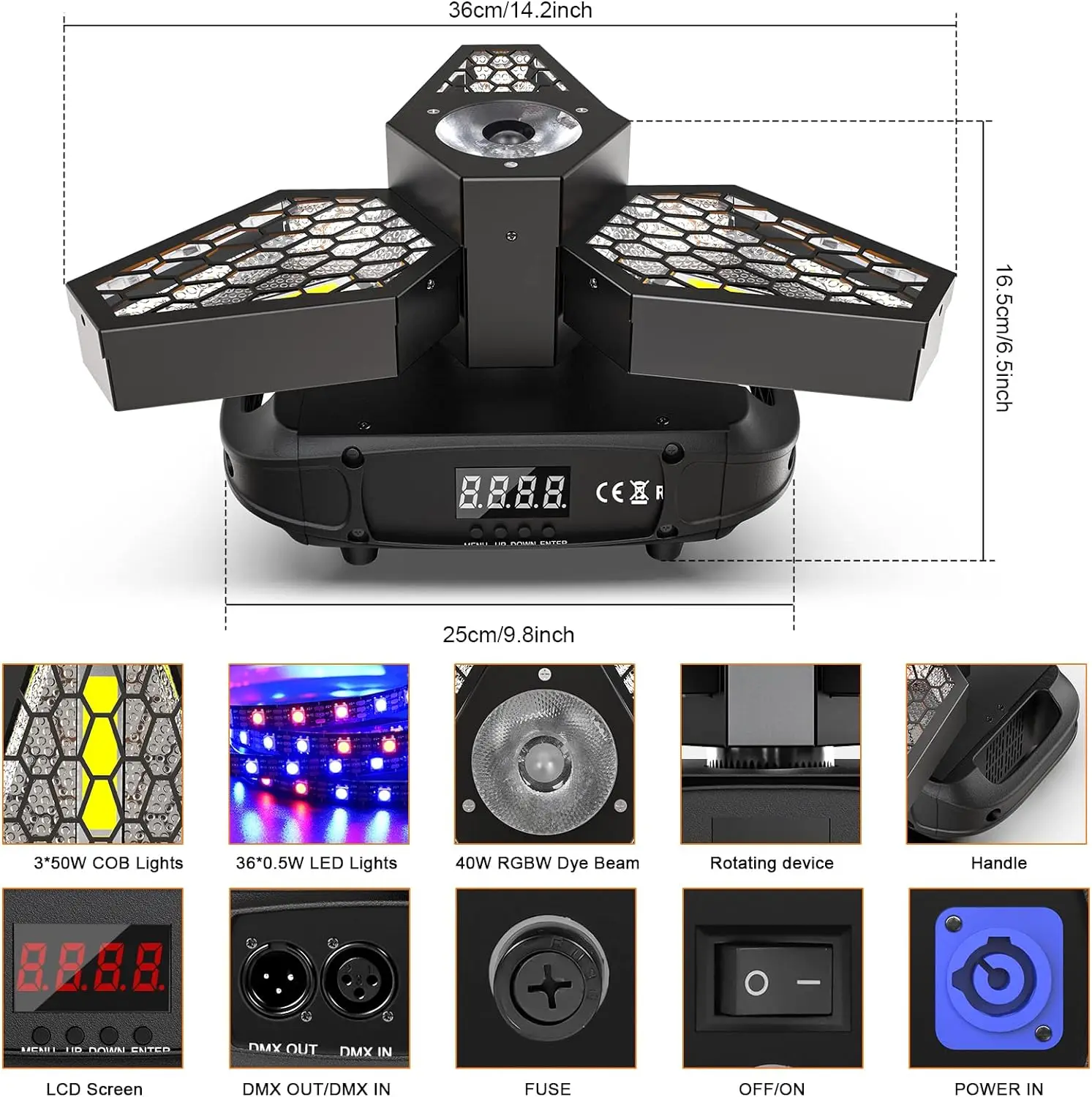 LED DJ Light Retro Stage Par Light, 300W RGBW Moving Head Light COB Uplights Stage Lighting Indoor for Music Party Disco Wedding