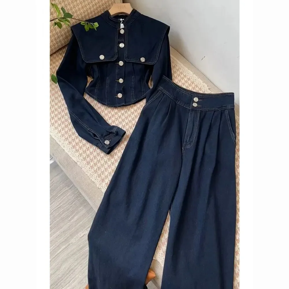 

2022 Autumn Pants Suits Denim Long Sleeve Shirt Coat French Retro High Grade High Waist Wide Leg Pants Two Piece Set for Women