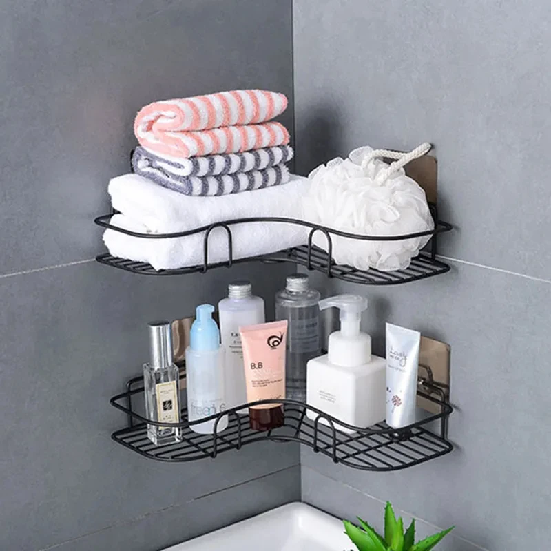 

Bathroom Corner Storage Shelves Wall Mounted Rack Shampoo Holder Iron Shower Drain Basket Punch-Free Organizer Bath Accessories