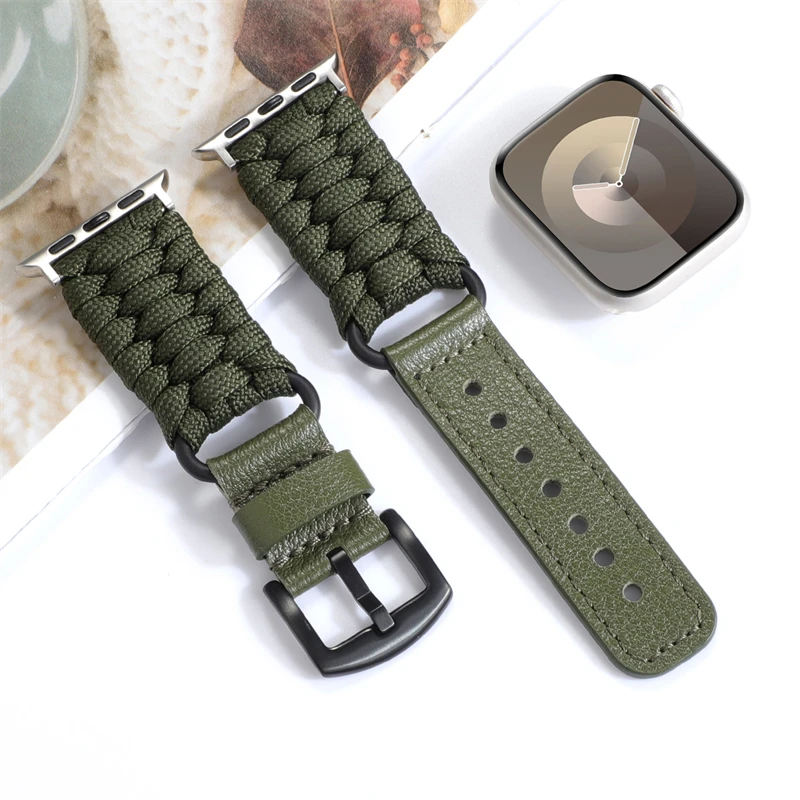 Фото Ремешок с нейлоновой оплеткой для apple watch band ultra 2 49 мм, кожаный стробочный браслет для моделей 9, 8, 7, 6, 5, 4, 40 мм, 45 мм, 41 мм, 44 мм 42 №4