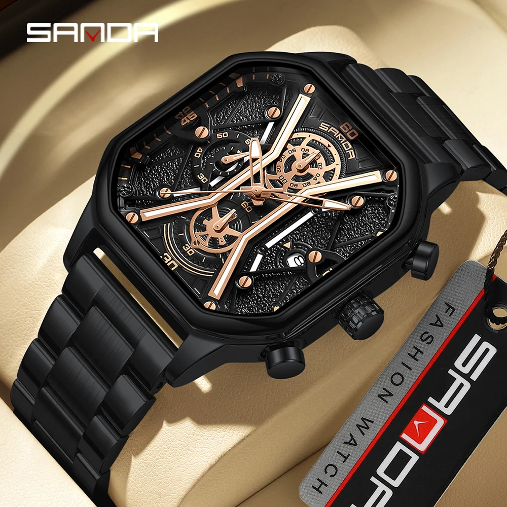 SANDA 7057 Luxury Watch Business Waterproof Male Clock Luminous Date Stainless Steel Square Quartz Men Wristwatches Reloj Hombre
