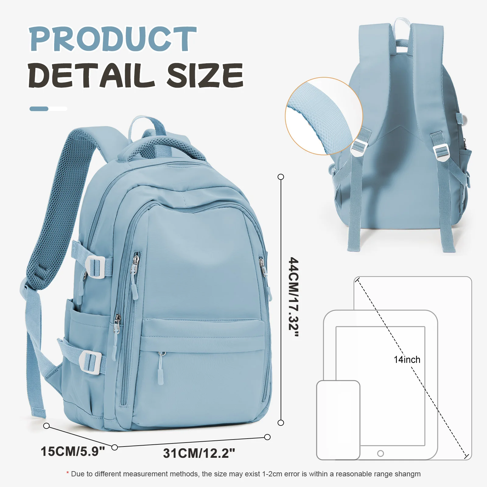 Anti-Theft Casual Travel Backpack for Women，Multi-Pocket Design in Light Blue Durable for School，High School and College Bookbag