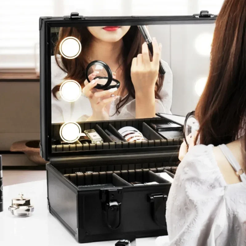 Trousse De Maquillage Avec Miroir LED - Organiseur De Voyage Pour Femmes Et Maquilleurs - Noir