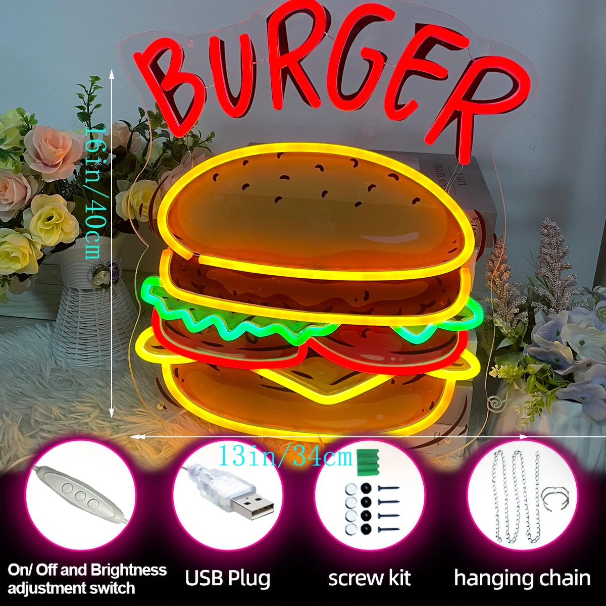 Burger Rocket Neon Sign, Burger Fast Food Led Sign, Hamburger Neon