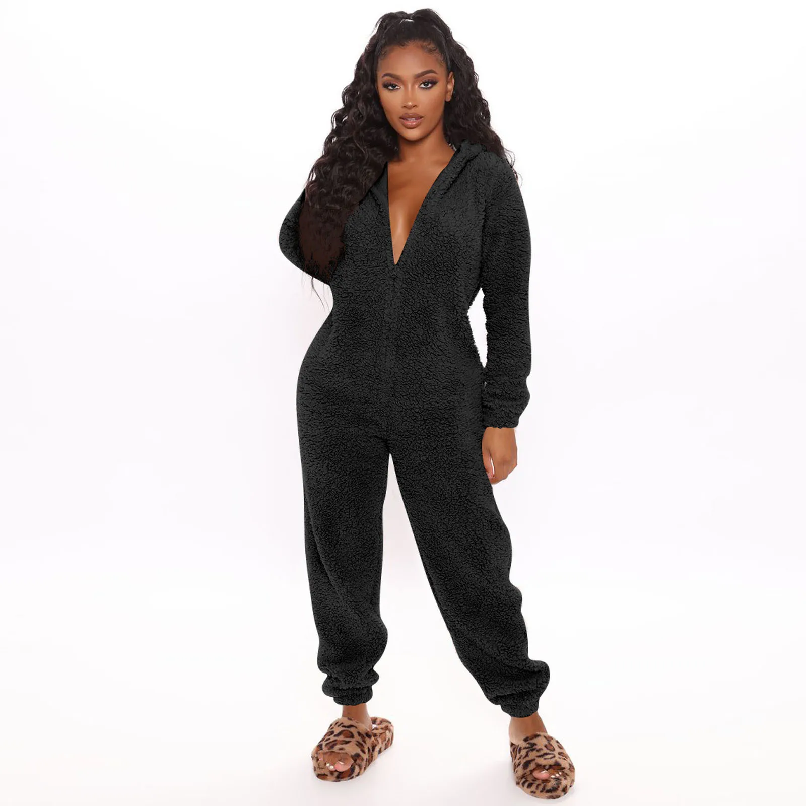 Women's Fashion Long Sleeve Hooded Faux Fur Jumpsuit Pajamas Casual Winter Warm Solid Color Cute Bear Rompers Homewear NEW