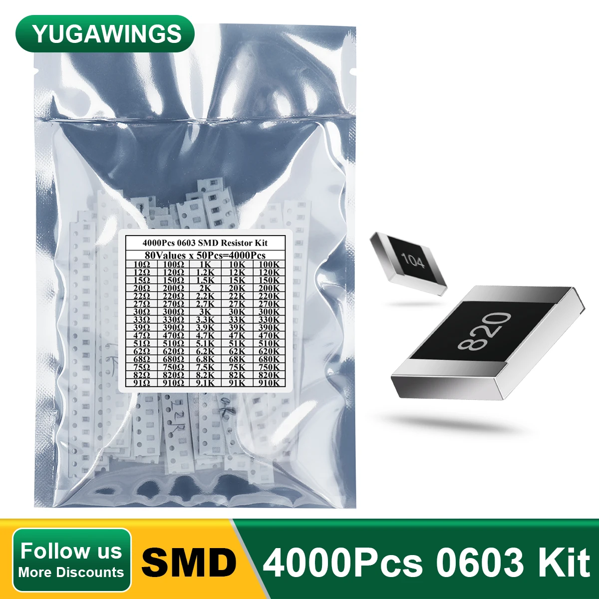 

4000Pcs 0603 Resistor Kit 10R-910K (80Values x 40Pcs=4000Pcs) Watt 1% High Precision Film Chip Resistance Kit SMD Resistors Set