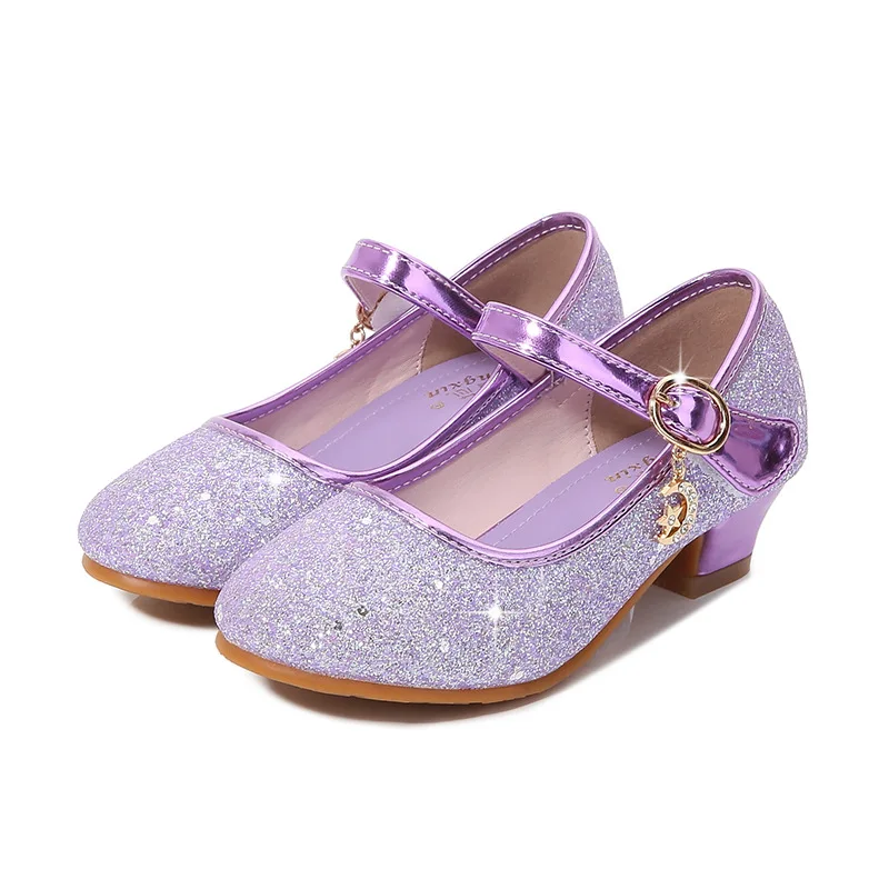Children Princess Shoes student dance shoes For Girls High Heel Sandals Dress Purple Kids Leather Glitter Crystal Shoes Banquet