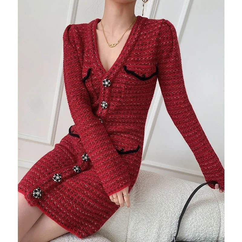 Early Autumn French Knitted V-neck Red Dress Women's Wear