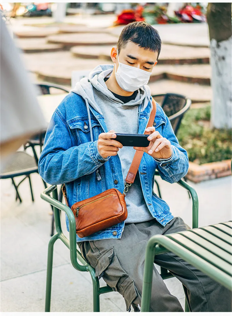 Casual soft genuine leather men shoulder messenger bag daily light natural cowhide multifunctional phone clutch wallet Teens