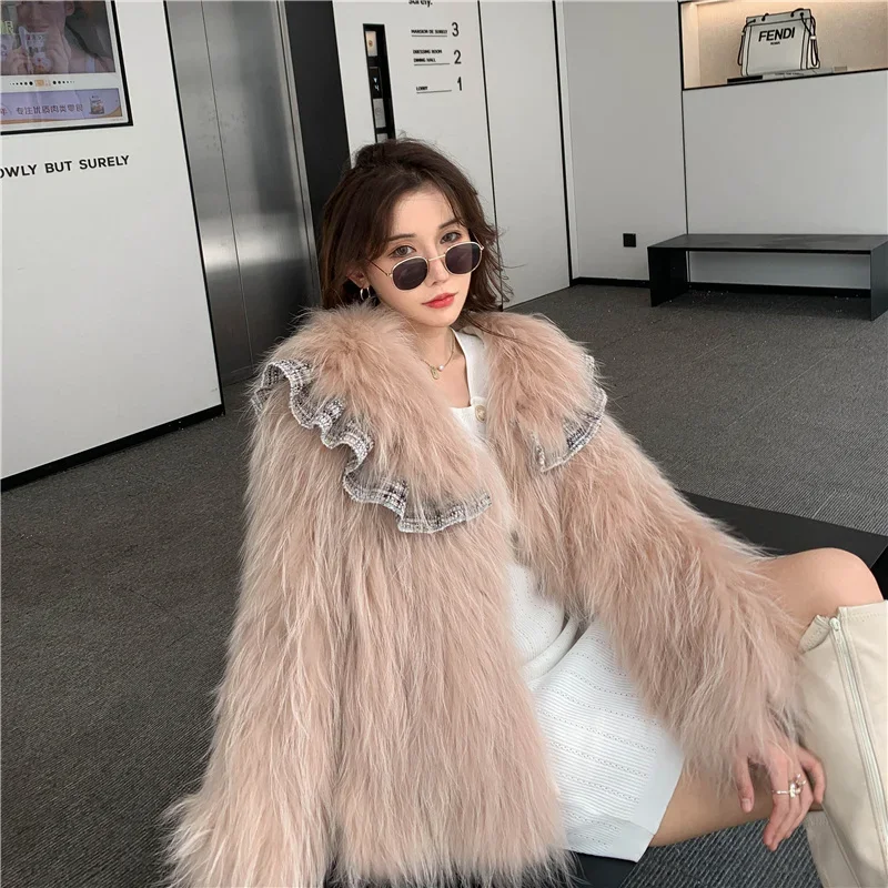 Girly Raccoon Dog Fur Woven Coat Lolita Style Thick Warm Fur Jackets Long Sleeve Lapel Short Outerwear Winter Women's Clothing