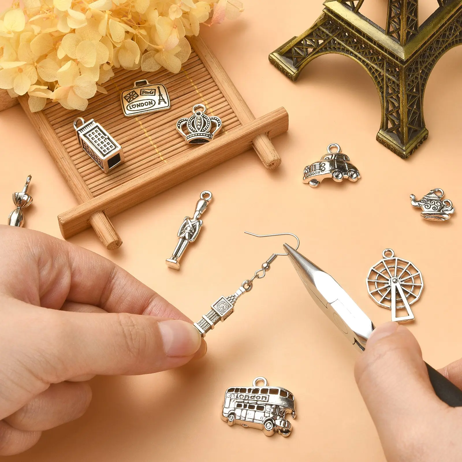 100Pcs 10 Styles London Theme Charms Antique Silver Big Ben Windmill Bus Car Charms Tibetan Travel Charms for Jewelry Making