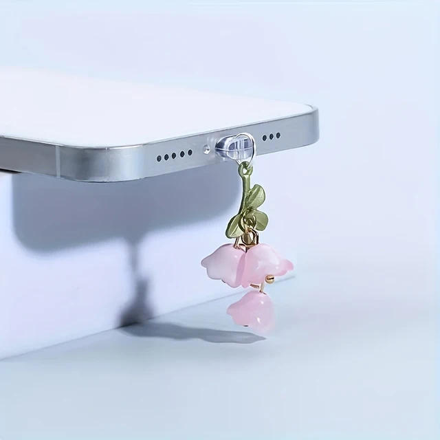1PC For Phone/Type-C Interface Cute Pink Lily Of The Valley Phone Charm Flower Green Leaf Dust Plug DIY Accessories 2