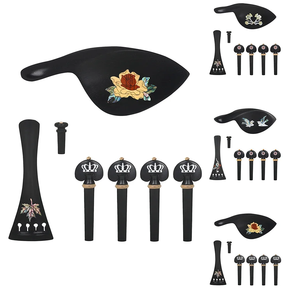 

4/4 Ebony Violin Parts Kit With Chin Rest Endpin Tailpiece Tuning Pegs Inlaid Pearl Shell Vintage Pattern Decor