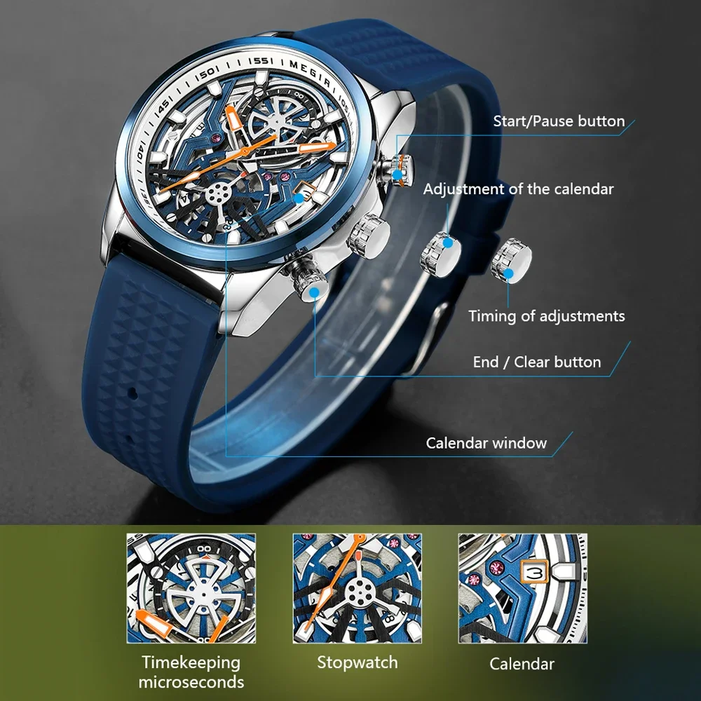 Sport Chronograph Watches for Men Top Luxury Brand MEGIR Quartz Waterproof Fashion Man WristWatch with Auto Date Luminous Hands - 4
