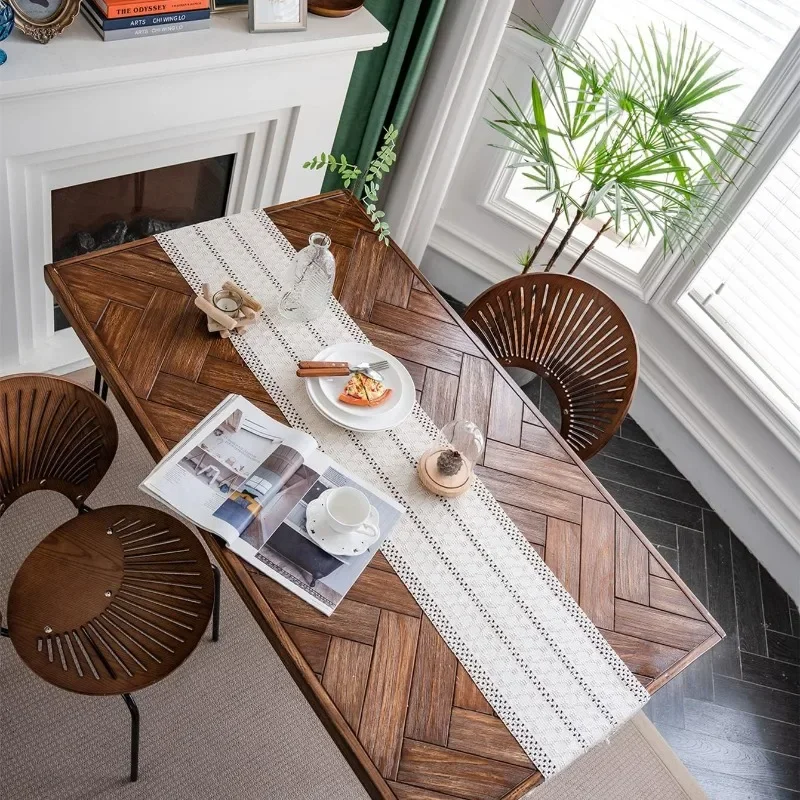 Chemin De Table En Lin Beige Crème Fait Main Avec Pompons, Décoration