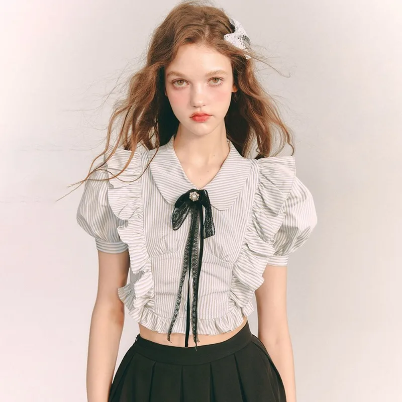 QWEEK Sweet Puff Sleeeve Cropped Shirts Woman Striped Preppy Short Blouses Female Summer Korean Fashion Lolita Slim Aesthetic