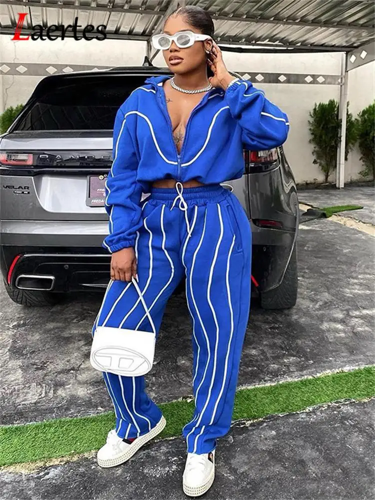

LaertesAutumn Winter 2 Piece Sets Womens Outfits Zipper Sweatshirt+Sweatpants Tracksuits Striped Sportwear Jogging Suit