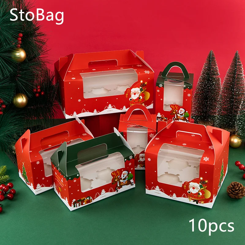 

StoBag-Christmas Cupcake Paper Box Transparent Cake Packaging Handmade Holiday Gift Kids Party Decoration Santa Claus New 10Pcs