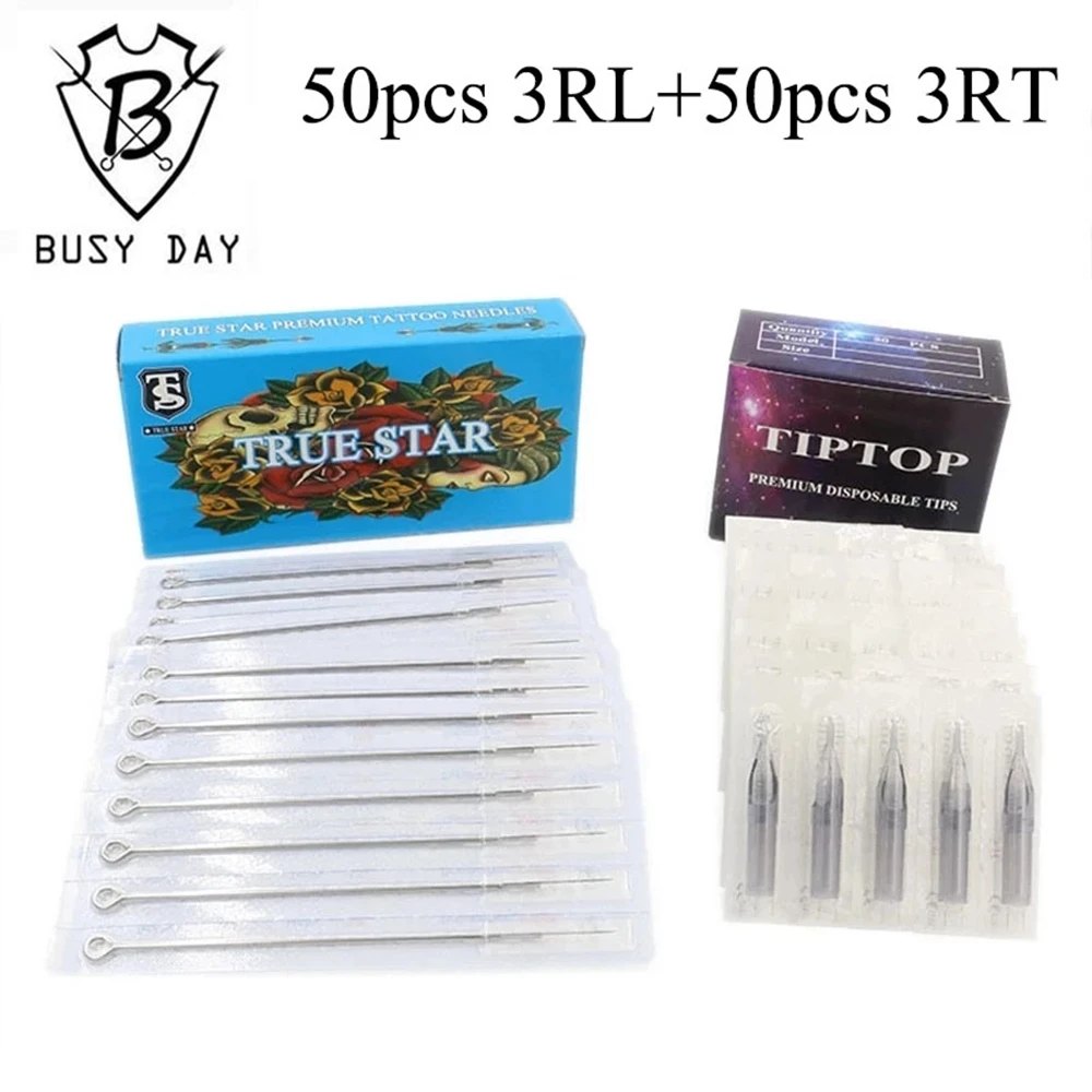 TRUE STAR 50pcs Tattoo Needles & 50pcs TIP TOP Tattoo Tips (3RL+3RT) for Tattoo Machine Tattoo Artist Supply Free Shipping