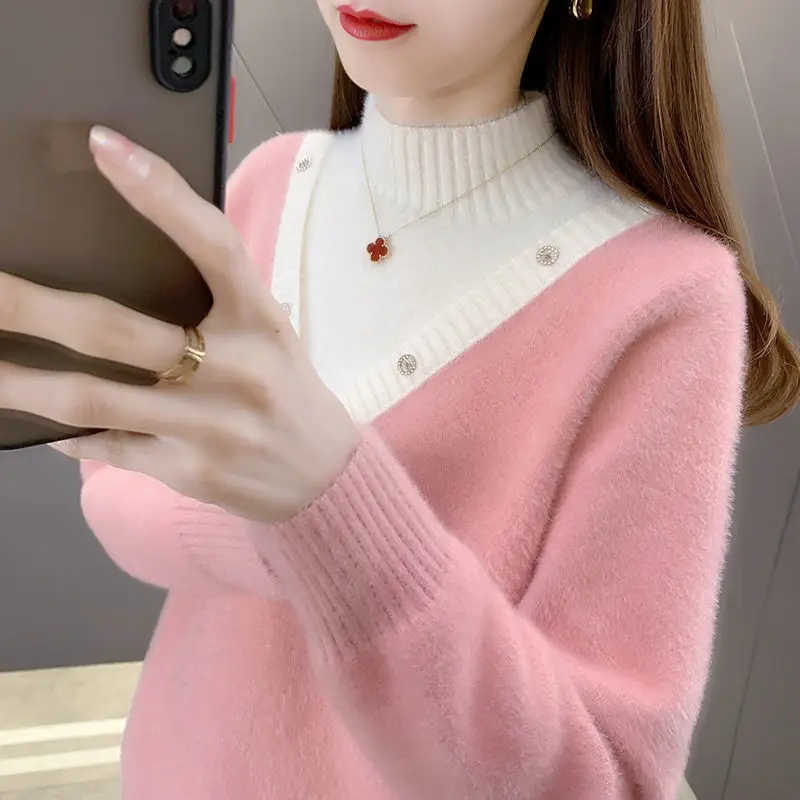 

Свитер средней высоты 2023 женский осенний и зимний женский бархатный утепленный джемпер короткий внутренний имитация норки бархатный свитер