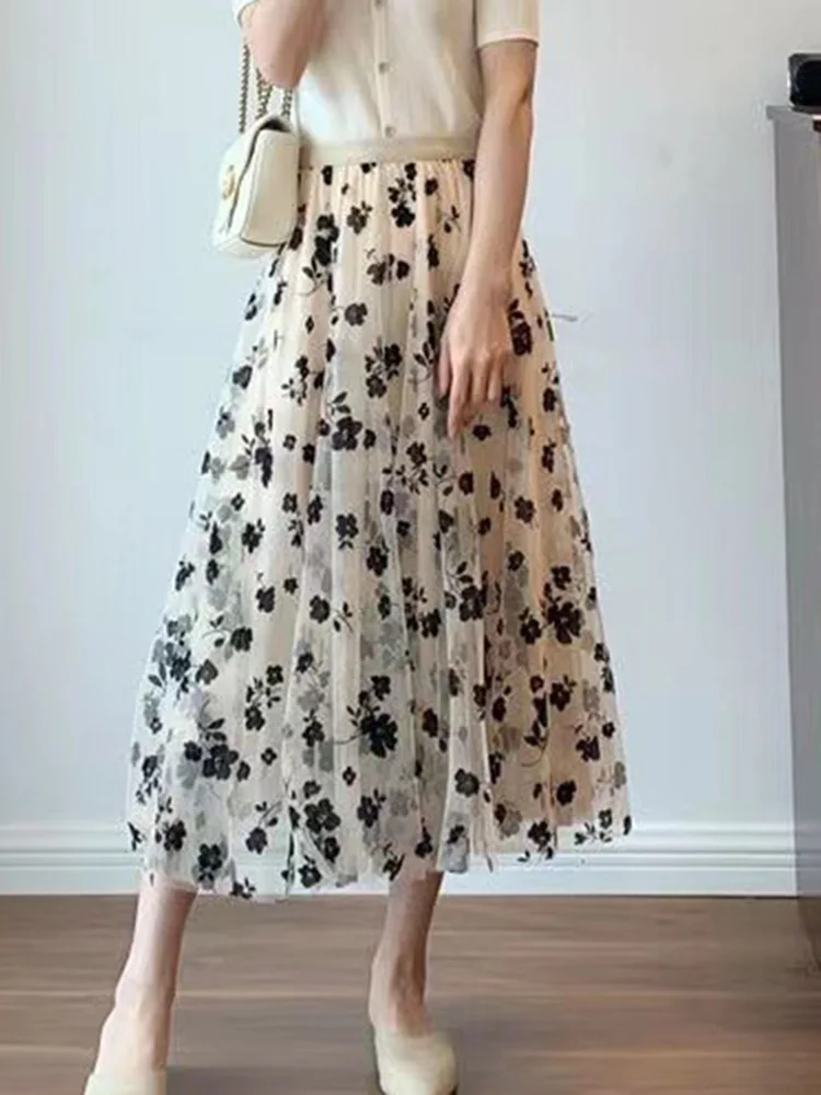 Sexy Skirts Women Mesh Summer New Reversible Fashion Hook Flower Loose Midi Skirt Elegant Female Casual All Match