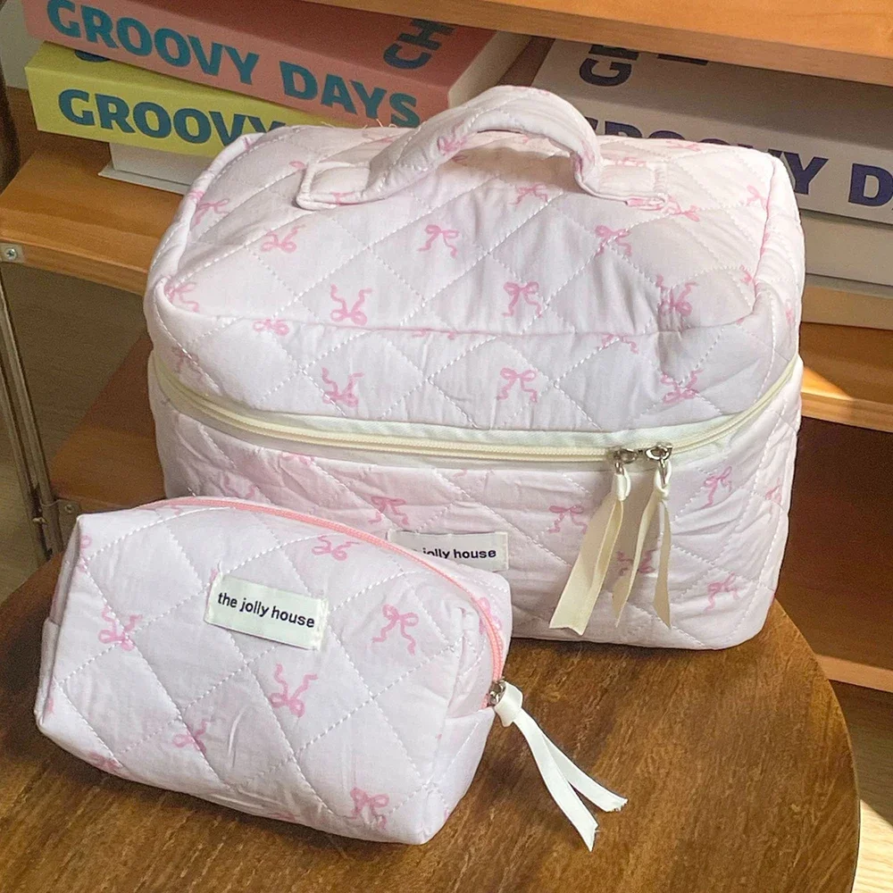 2024 Pink Bowknot Quilting Women Cosmetic Bag Portable Zipper Makeup Travel Organizer Female Handbag Toiletry Pouch For Girls 3