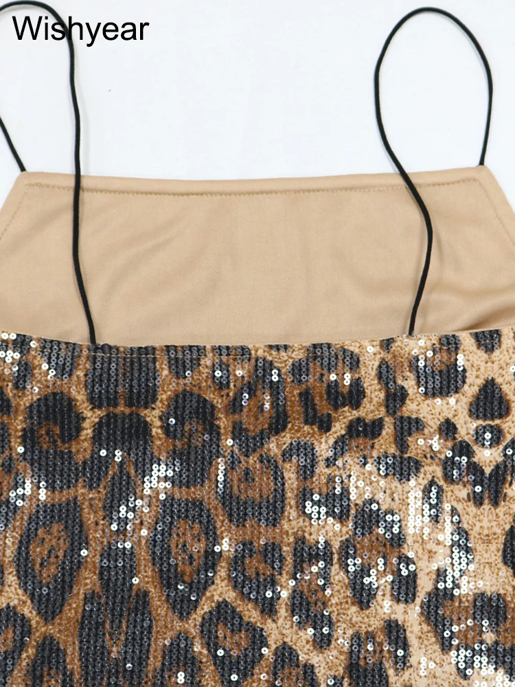 Neue Leoparden muster sexy kurzes Kleid Frauen Pailletten Hipster dünne Spaghetti träger Bodycon elastische Mitternacht Party Nacht Clubwear – Detail 8