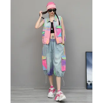 Fashionable Youthful Denim Outfit Women 2026 Summer Hand-painted Graffiti Hooded Short Vest + Three-quarter Wide-leg Pant ZF2050 1