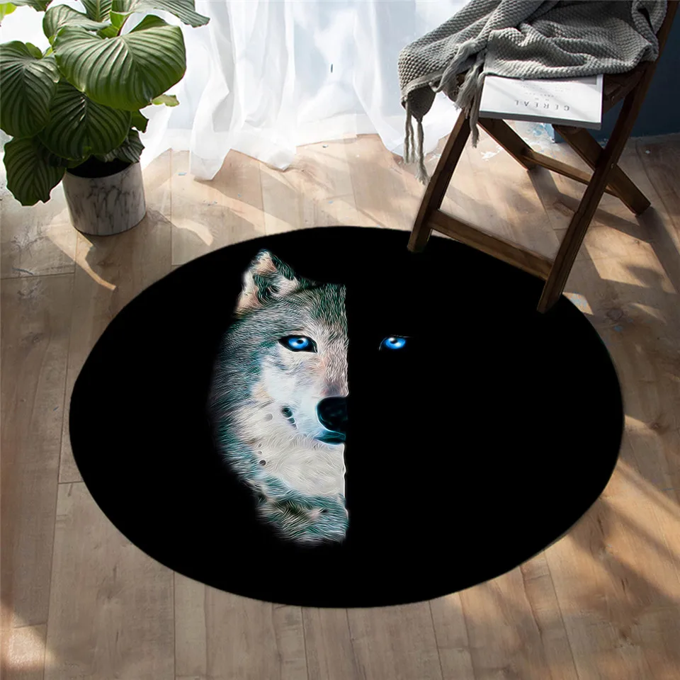 

Wolf Bedroom Floor Mat Vivid Animal Round Carpet Black Rug Blue Eyes With Half Face Living Room Alfombra