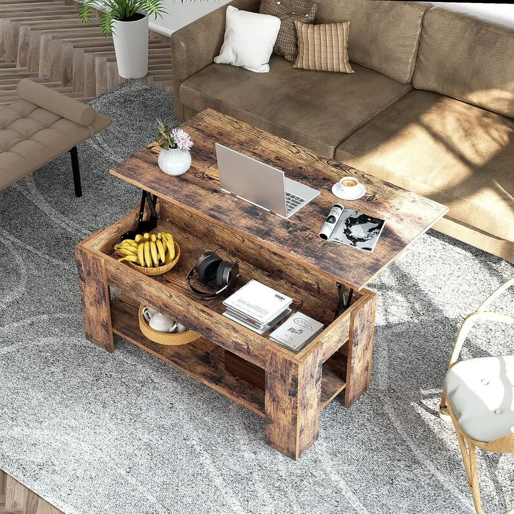 Lift Top Coffee Table with Hidden Compartment, Rising Tabletop Dining Table with Storage Shelf, Pop Up Coffee Table for Home 5