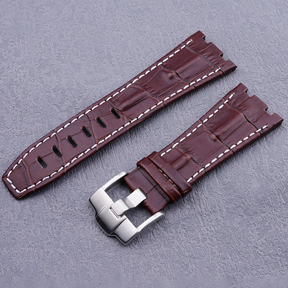 

28mm Brown Real Leather Handmade Thick Wrist Watch Band Belt Silver Clasp Strap Belt For ROYAL OAK OFFSHORE Audemars Piguet 42mm