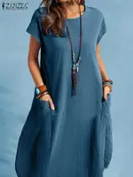 Oversized Vintage Short Sleeve Solid Sundress ZANZEA Women Summer Knee-length Dress Casual Loose Cotton Vestidos Beach Dresses - Image 3