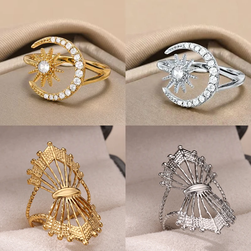 Star Moon Rings For Women Gold Stainless Steel