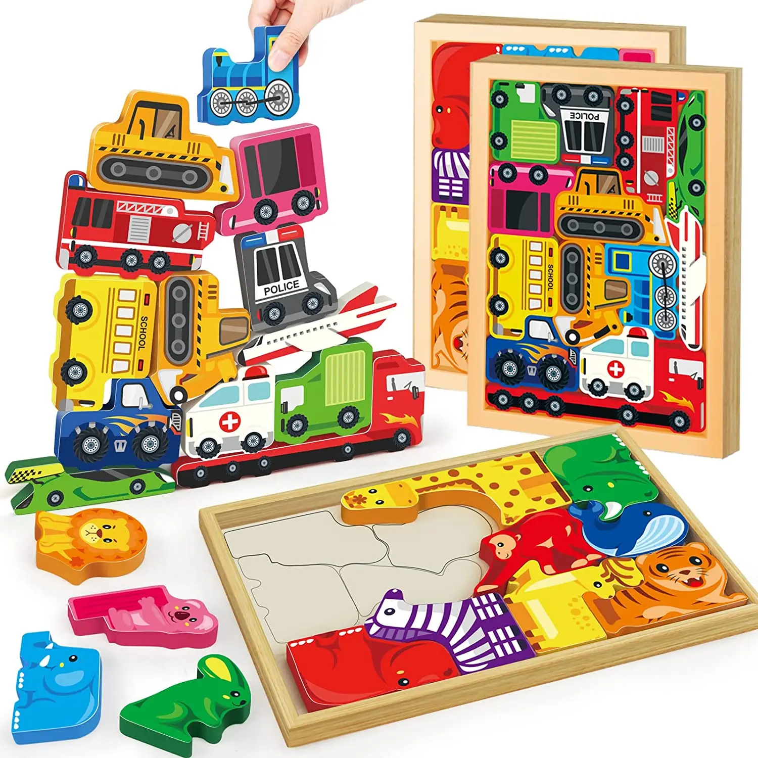 

2 in 1 Wooden Animal Sorting and Stacking Toys Dinosaur Farm Ocean Animal Wood Block Puzzle for Kids Montessori Gift for Toddler