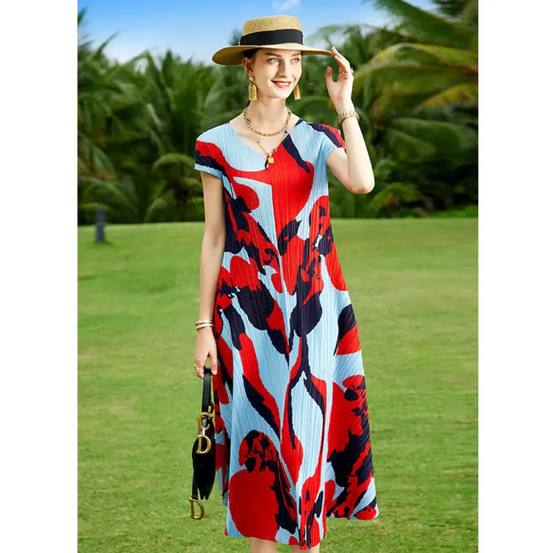 

Женское плиссированное платье в европейском и американском стиле, лето 2023, с ремешком на талии из иностранного газа, длинное стройнящее платье с коротким рукавом