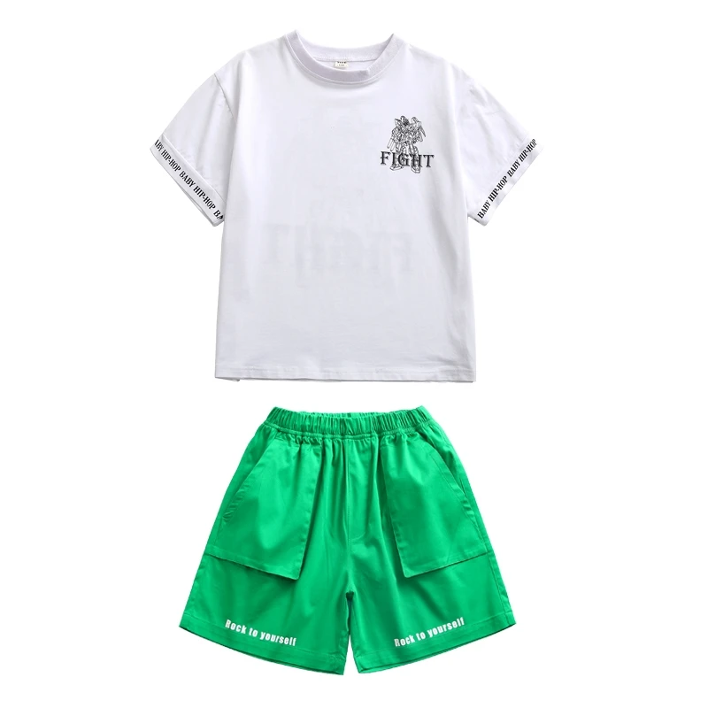 Girls Summer Green Hip Hop Clothes Short Sleeve T Shirt High Neck Vest Cargo Shorts Children Streetwear Jazz Dance Costume 3-16Y