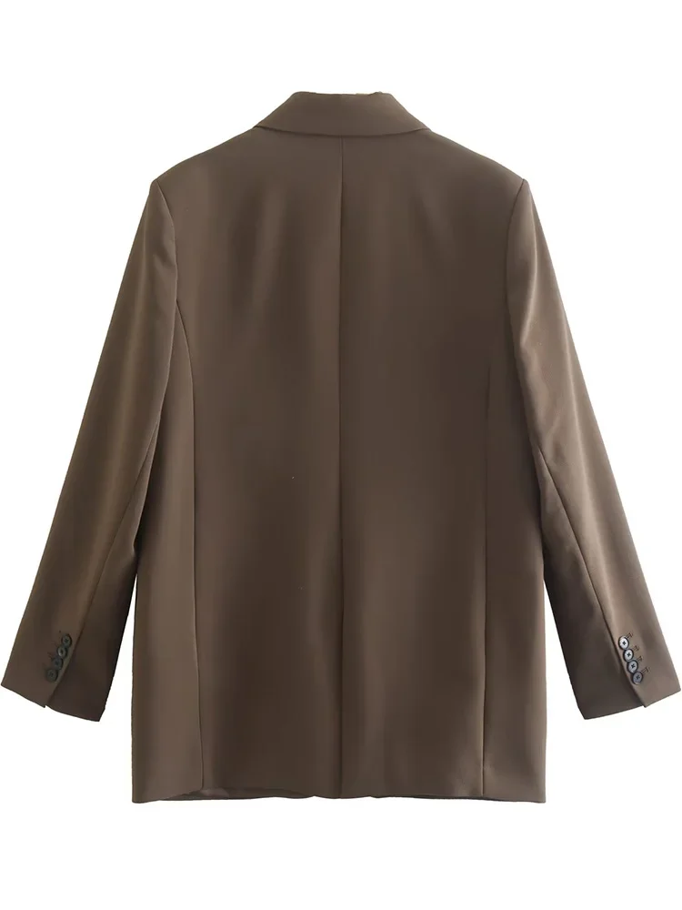 Willshela Women Fashion With Pockets Brown Single Button Blazer Vintage Notched Neck Long Sleeves Female Chic Lady Outfits 2
