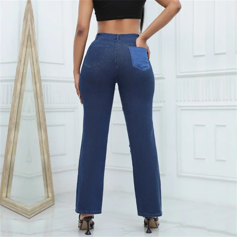 New Colour Blocking Patchwork High Waist Women Denim Trousers Autumn Casual Streetwear Straight Jeans Female Washable Long Pants