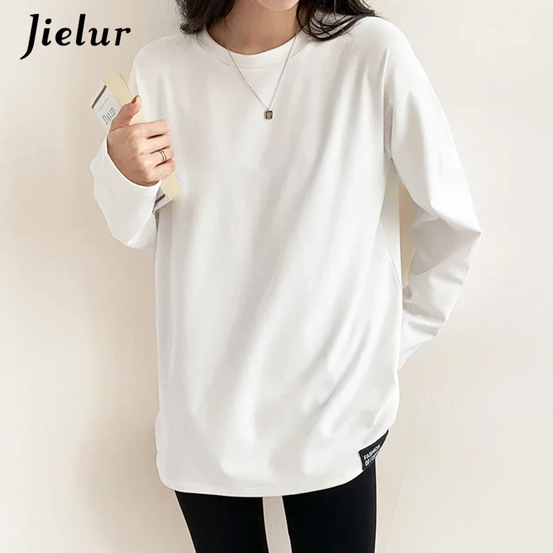 Jielur Casual T-shirt Women White Long-sleeved Tops Autumn Winter O-neck Clothes New Solid Color Soft Tee Shirt Female S-XL