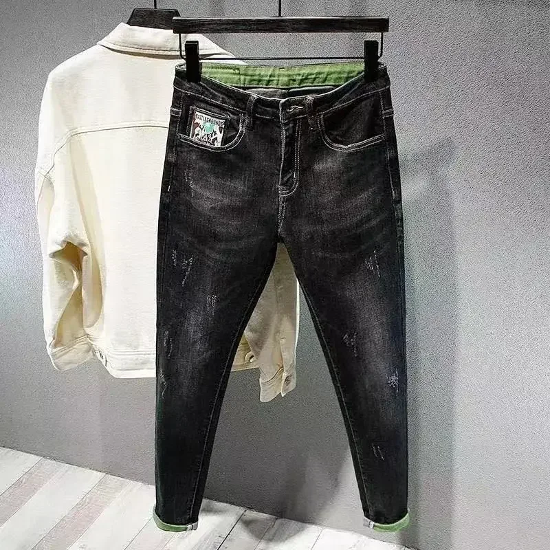 thumbnail image 1 of Pantalones vaqueros elásticos para hombre con gráficos, pantalones vaqueros elásticos negros con bolsillos, ropa de nailon barata de gran tamaño y alta calidad, 1 of 5