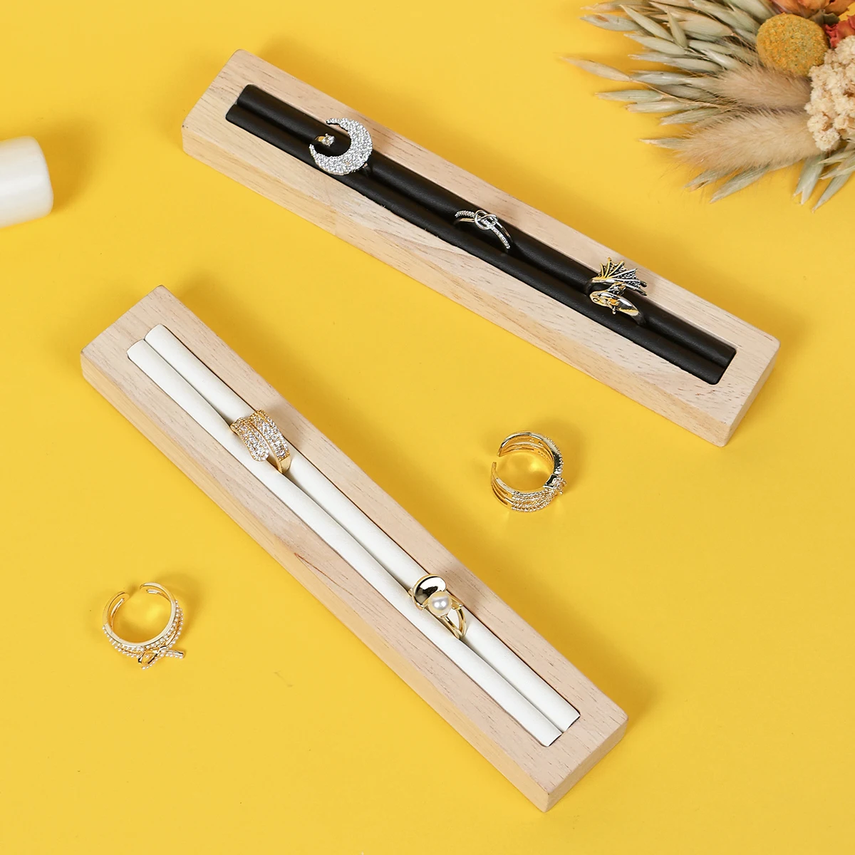 Elegant White Oak Ring Holder with French Velvet Lining - 1-Slot & 2-Slot Jewelry Display Stand