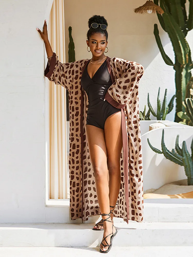 Boho Printed Long Kimono Beach Dress Bathing Suit Cover-ups Summer Clothing Tunic Women Beach Wear Swim Suit Cover Up