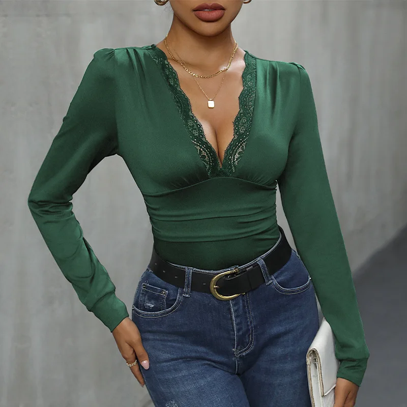 Spring Long Sleeved Lace Patchwork V-neck 2024 Women Temperament Fashion Solid Color Slim Multicolor Sexy All-match Jumpsuits