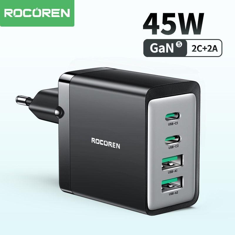 Rocoren 45W GaN Charger Multiple PD Fast Charging USB Type C Charger Quick Charge For iPhone 16 15 iPad Pro Max Samsung Xiaomi