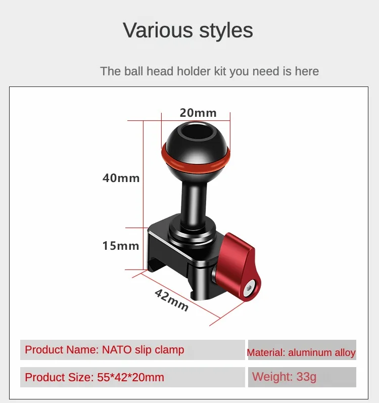 Description Picture 4 of item20mm Ball Head Adapter Mount NATO Clamp Cold Shoe Mount for DSLR Camera Cage Monitor Mount Light Holder Phone Stand